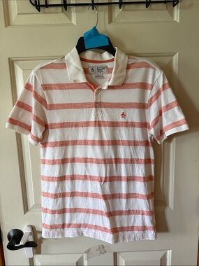 Original Penguin White and Coral Striped Polo